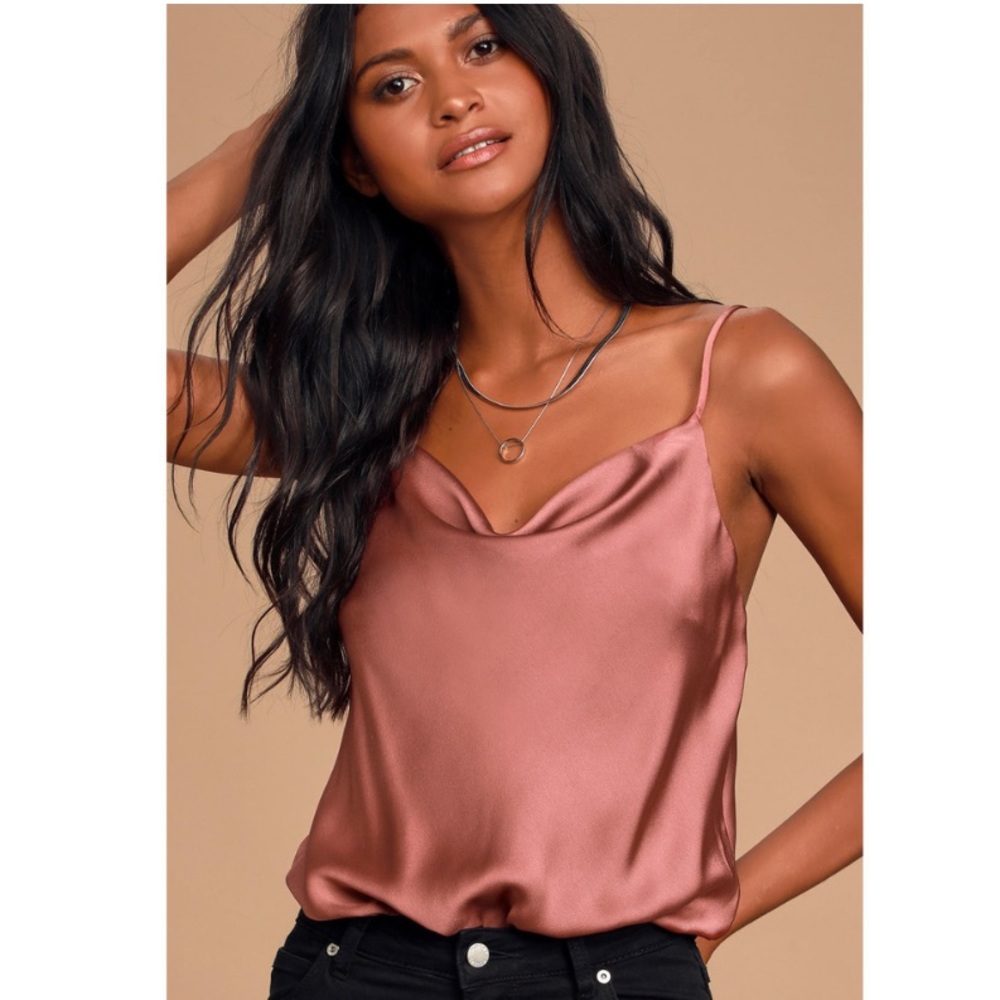 Lulus Emmerson Rusty Rose Satin Sleeveless Cowl Neck Bodysuit